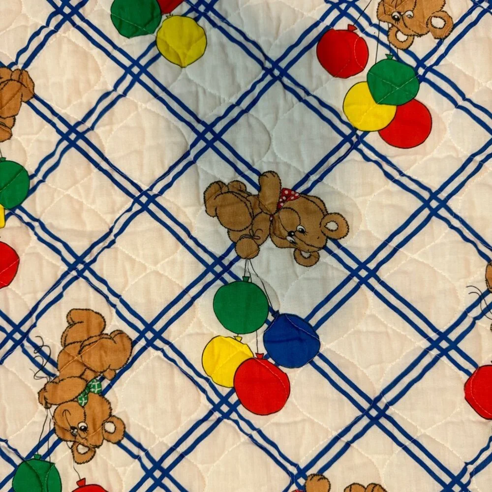 Baby Quilt WithTeddy Bears Colorful Balloons Hand-Stitched Blue Border 36